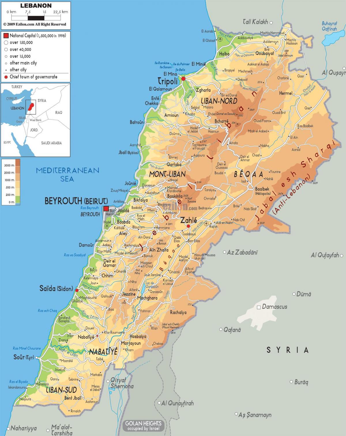 karta Libanona fizičke