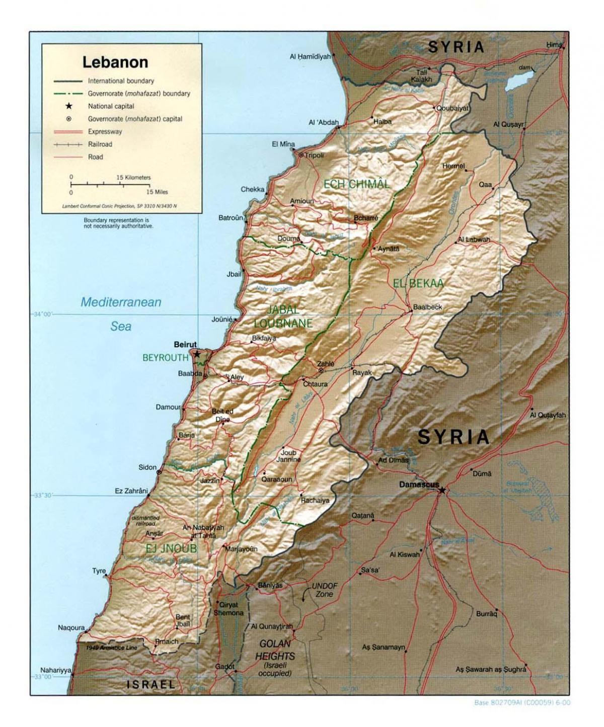 karta Libanona topografski